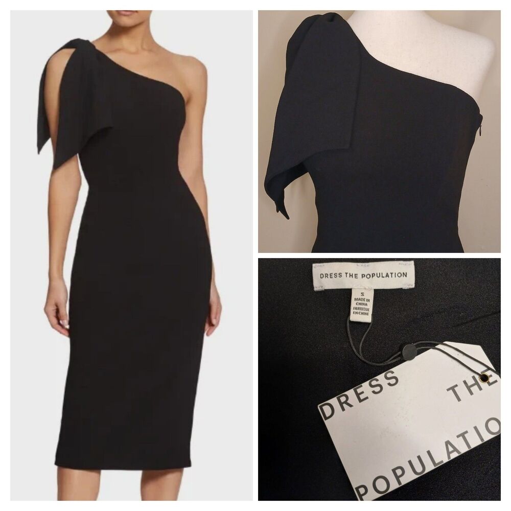 Dress The Population Sz S Black One Shoulder Midi Fitted Dress Formal NWT $148